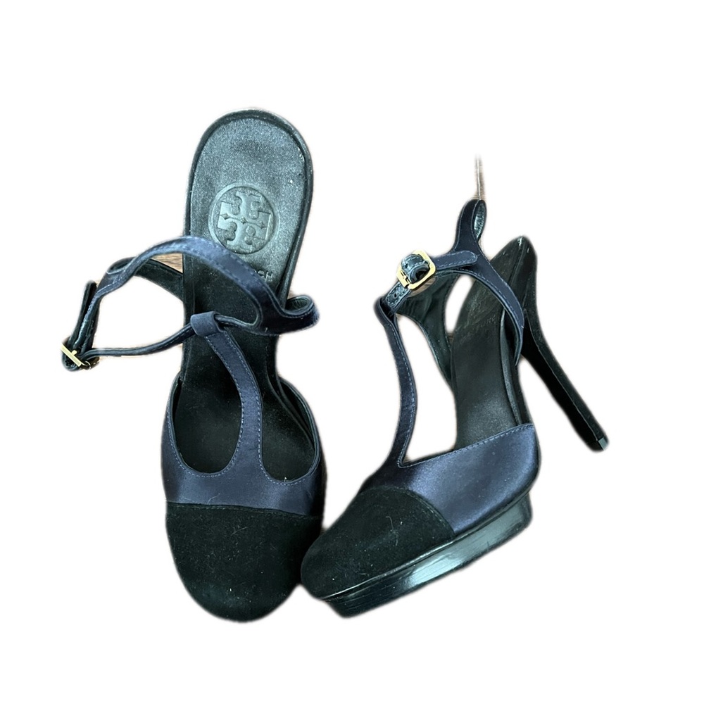TORY BURCH BLACK VELVET & NAVY BLUE SATIN T-STRAP HEELS SIZE 6